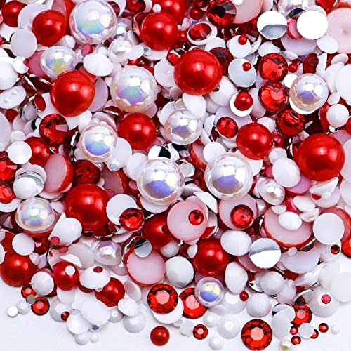 Briskbloom 60g Mix Flatback Pearls and Half Pearls for Crafts, 3620PCS Red White Pearl Rhinestones for Nails Face Art Tumblers, with Tweezers Wax Pen - Image 1