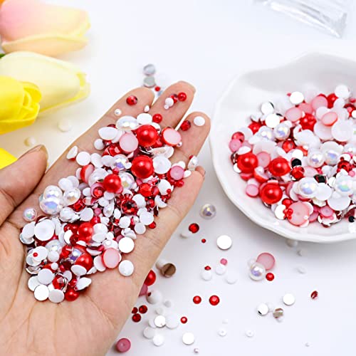 Briskbloom 60g Mix Flatback Pearls and Half Pearls for Crafts, 3620PCS Red White Pearl Rhinestones for Nails Face Art Tumblers, with Tweezers Wax Pen - Image 2