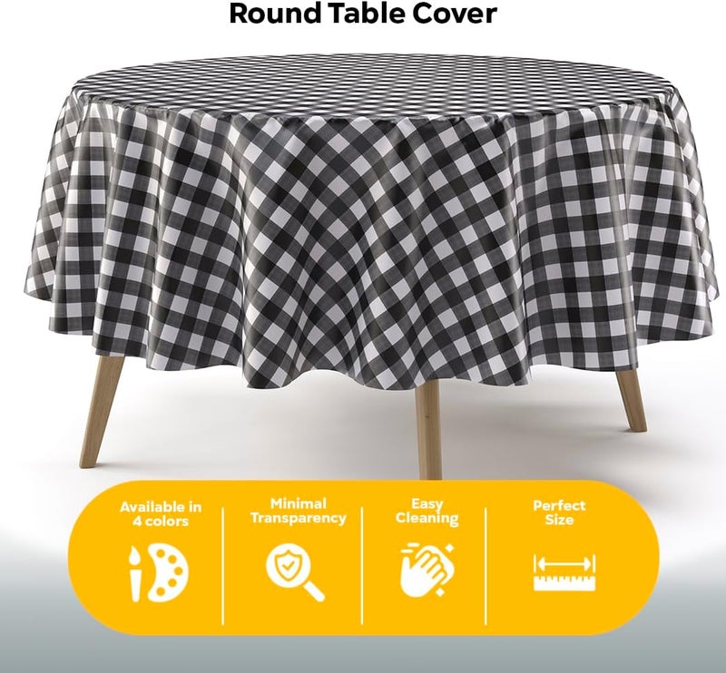 Exquisite Picnic Table Cover - 48 Pack Premium Round Plastic Tablecloth - Black & White Checkered BBQ Table Cover - Gingham Checkerboard Disposable Plastic Tablecloth 84 inch. Round - Image 4
