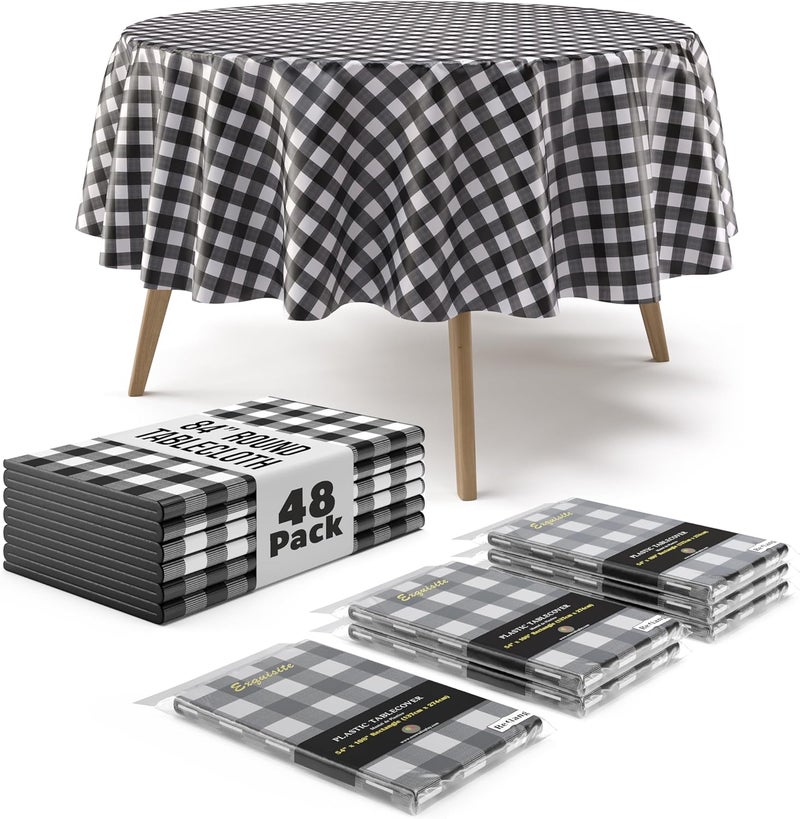 Exquisite Picnic Table Cover - 48 Pack Premium Round Plastic Tablecloth - Black & White Checkered BBQ Table Cover - Gingham Checkerboard Disposable Plastic Tablecloth 84 inch. Round - Image 1