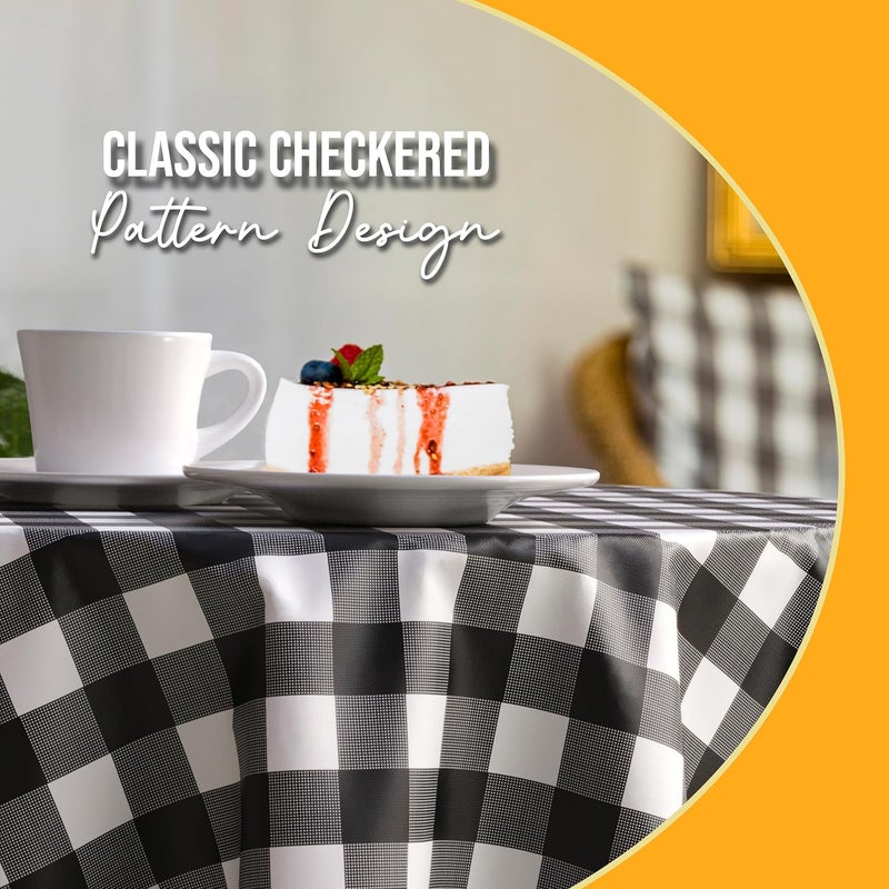 Exquisite Picnic Table Cover - 48 Pack Premium Round Plastic Tablecloth - Black & White Checkered BBQ Table Cover - Gingham Checkerboard Disposable Plastic Tablecloth 84 inch. Round - Image 3