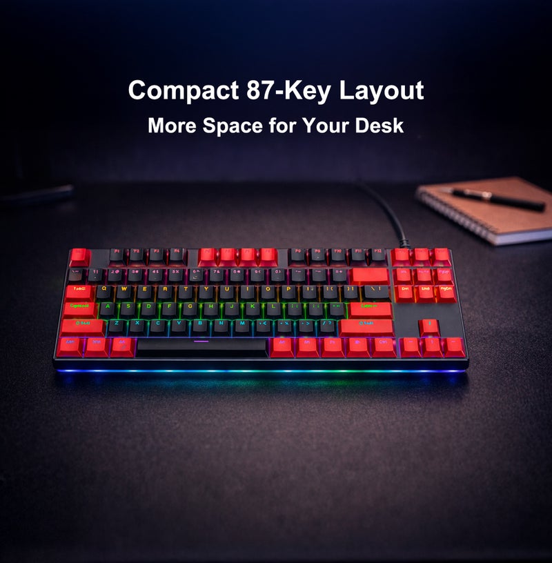 فوريف لوحة مفاتيح FOREV الميكانيكية للألعاب، 87 مفتاحًا، سلكية، بإضاءة خلفية RGB، وتقنية منع التداخل، ومفاتيح حمراء، مع كابل بطول 1.8 متر، متوافقة مع أجهزة Mac Mini وPC وMacBook - أسود مع أحمر - Image 2
