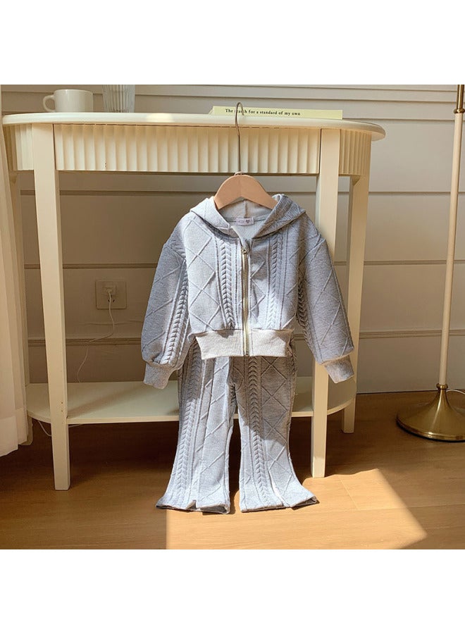 Girls' Thickened Suit Spring And Autumn New Children's Outerwear Stylish Fashionable Toddler Hooded Knit Cable Two-piece Set