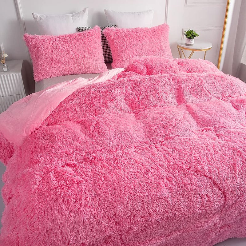 chovy طقم لحاف شوفى من الفرو الصناعي باللون الوردي - طقم سرير فائق النعومة من الفلانيل المخملي الفاخر 3 قطع (لحاف x 1، غطاء وسادة x 2) - Image 2