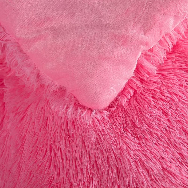 chovy طقم لحاف شوفى من الفرو الصناعي باللون الوردي - طقم سرير فائق النعومة من الفلانيل المخملي الفاخر 3 قطع (لحاف x 1، غطاء وسادة x 2) - Image 4
