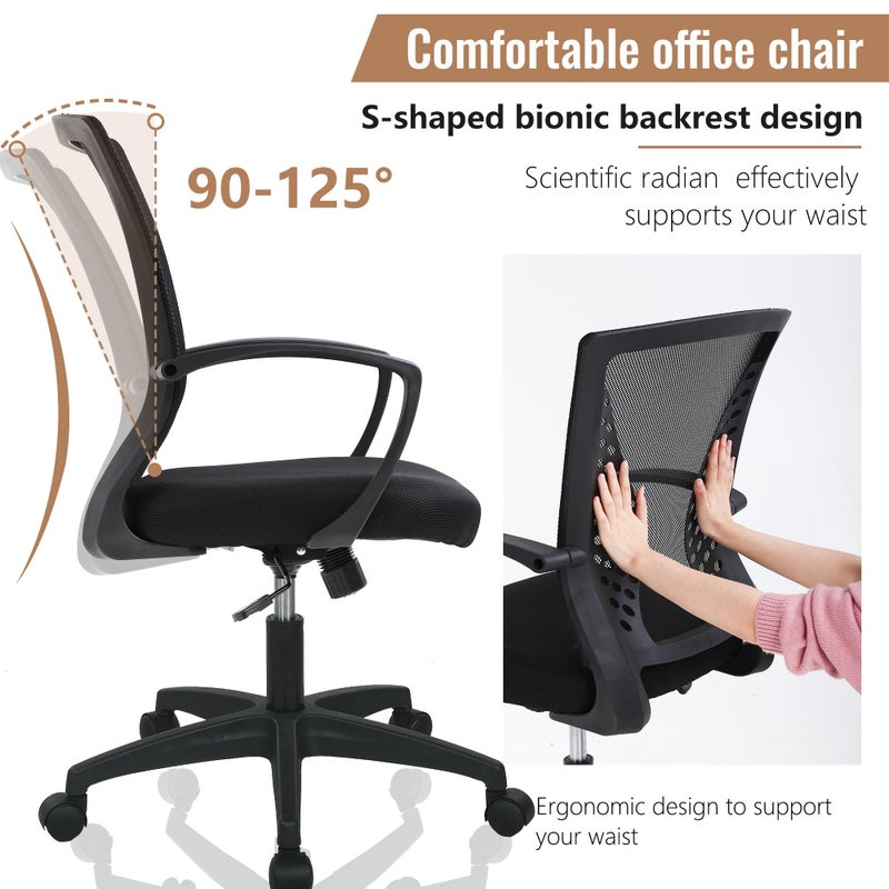 FDW Home Office Chair Mid Back PC Swivel Lumbar Support Adjustable Desk Task Computer Ergonomic Comfortable Mesh Chair with Armrest (Black) - Image 2