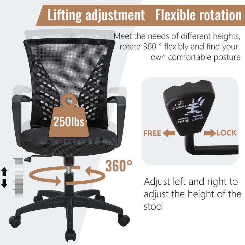 FDW Home Office Chair Mid Back PC Swivel Lumbar Support Adjustable Desk Task Computer Ergonomic Comfortable Mesh Chair with Armrest (Black) - Image 3