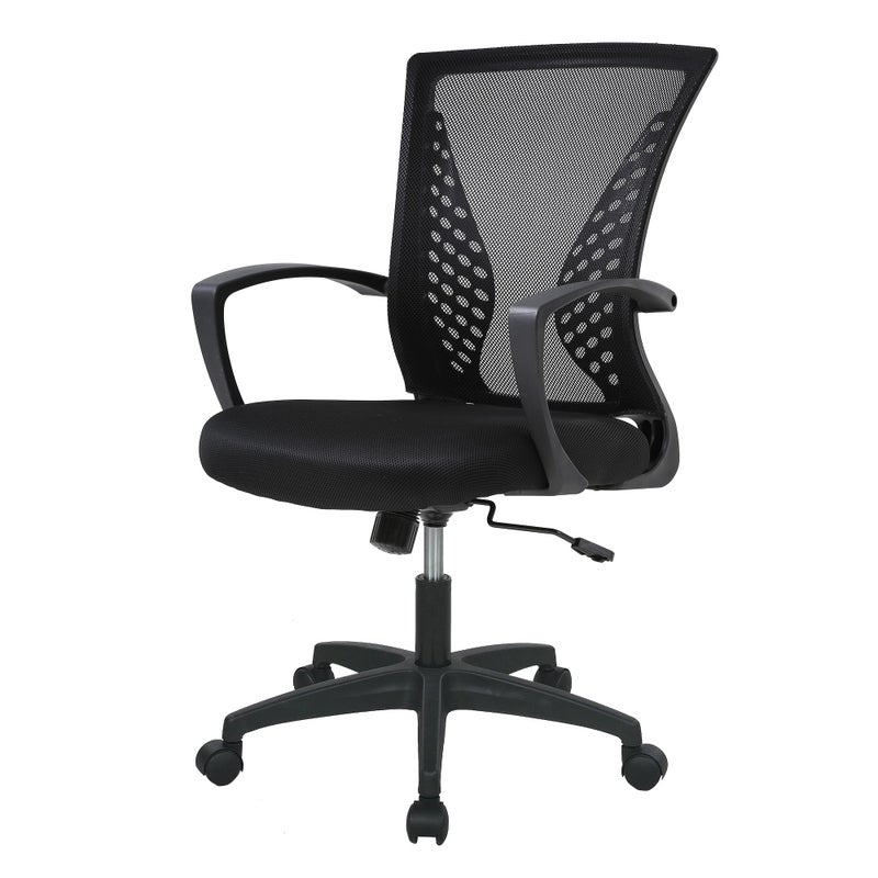 FDW Home Office Chair Mid Back PC Swivel Lumbar Support Adjustable Desk Task Computer Ergonomic Comfortable Mesh Chair with Armrest (Black) - Image 1