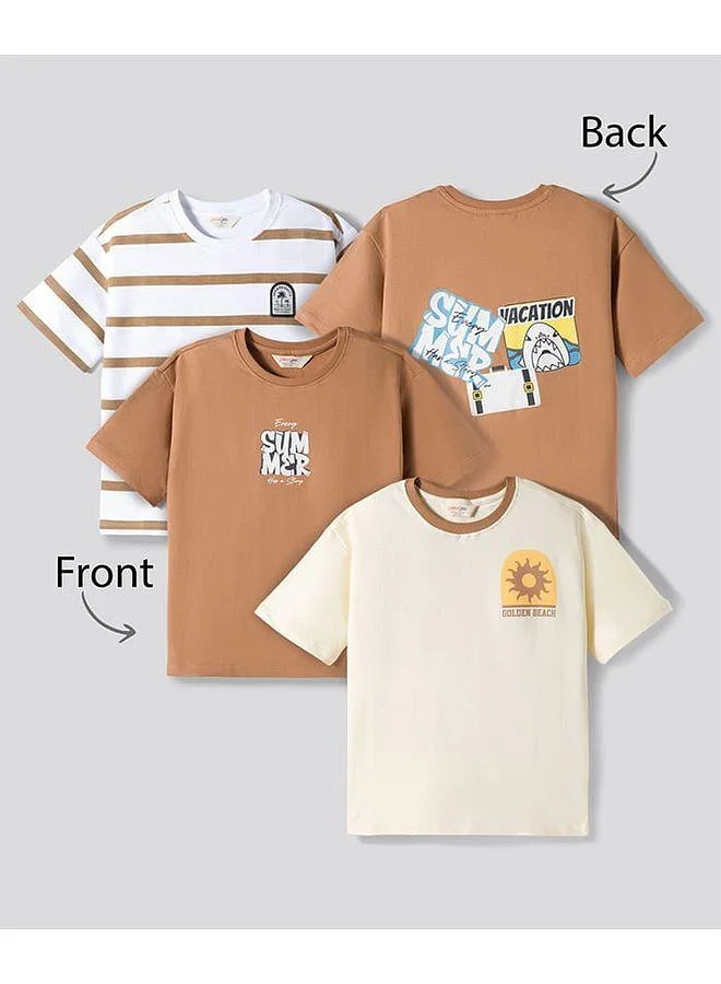 Primo Gino Primo Gino 100% Cotton Knit Drop Shoulder Half Sleeves Oversized T-Shirts with Summer Vacation Print and Stripes (Pack of 3) - Beige/Brown