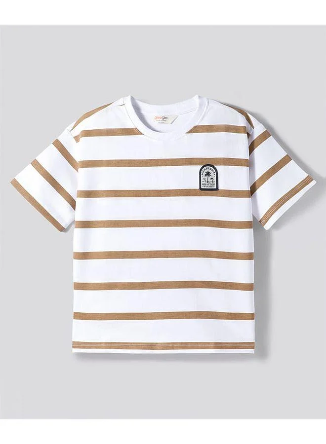 Primo Gino Primo Gino 100% Cotton Knit Drop Shoulder Half Sleeves Oversized T-Shirts with Summer Vacation Print and Stripes (Pack of 3) - Beige/Brown