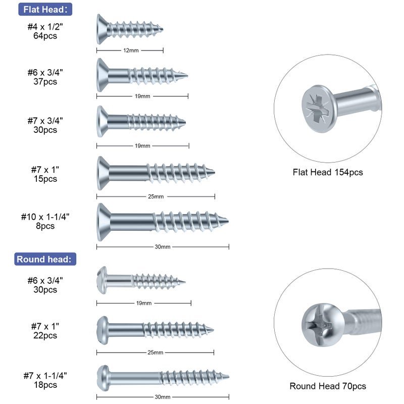 Farray Wood Screws Assortment Kit 224Pcs Galvanized Phillips Screws Set Wood Screws Assorted Screws Screw Kit Assorted Wood Screws Screw Set Assortment - Image 2