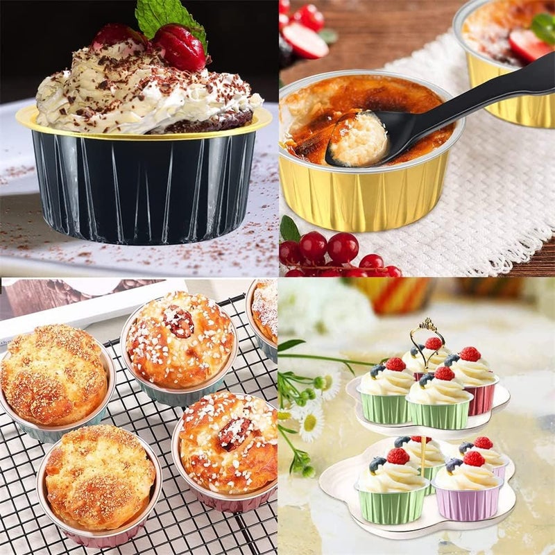 Zikra Mini Aluminum Pans with Lids, 60pcs 5oz Disposable Aluminum Foil Cupcake Liners Ramekins Baking Cups, Dessert Cups with Lids Aluminum Foil Cupcake Holders Cheesecake Pan Dessert Containers(Black Gold) - Image 5
