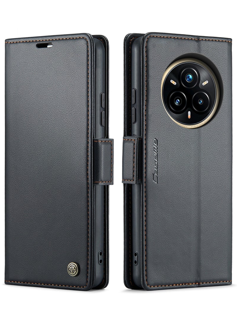 CaseMe Phone Case Luxury PU Leather Design Anti Fingerprint 023 Flip Cover Card Slot Holder Cover For Realme 14 Pro Plus (Black ) - Image 1