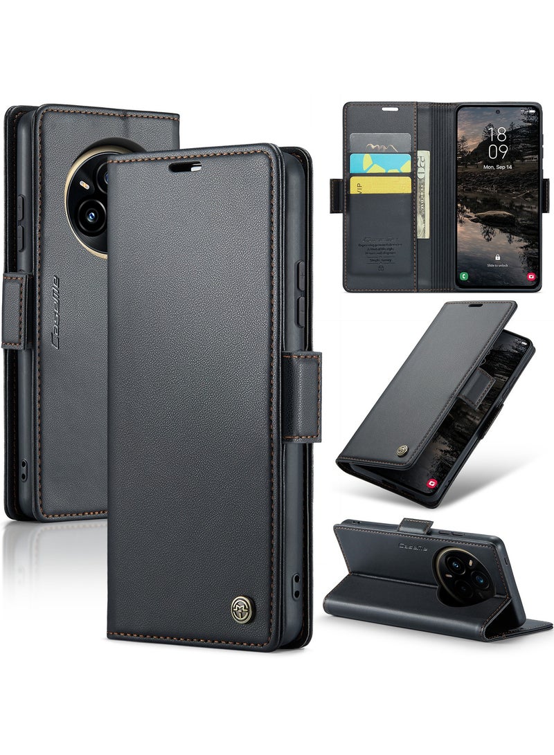 CaseMe Phone Case Luxury PU Leather Design Anti Fingerprint 023 Flip Cover Card Slot Holder Cover For Realme 14 Pro Plus (Black ) - Image 2