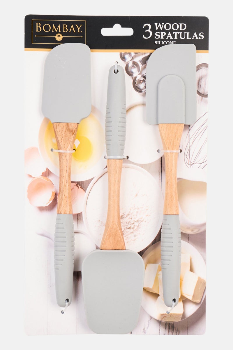 Bombay 3 Pieces Wood And Silicon Spatulas, Grey/Light Brown - Image 1