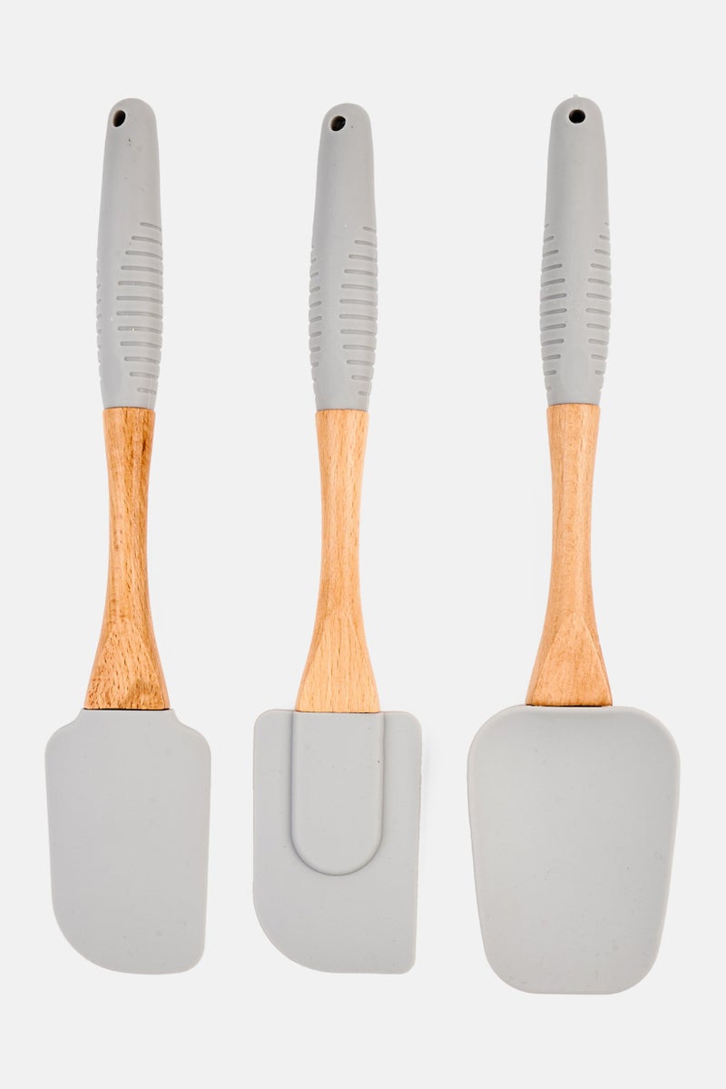 Bombay 3 Pieces Wood And Silicon Spatulas, Grey/Light Brown - Image 2