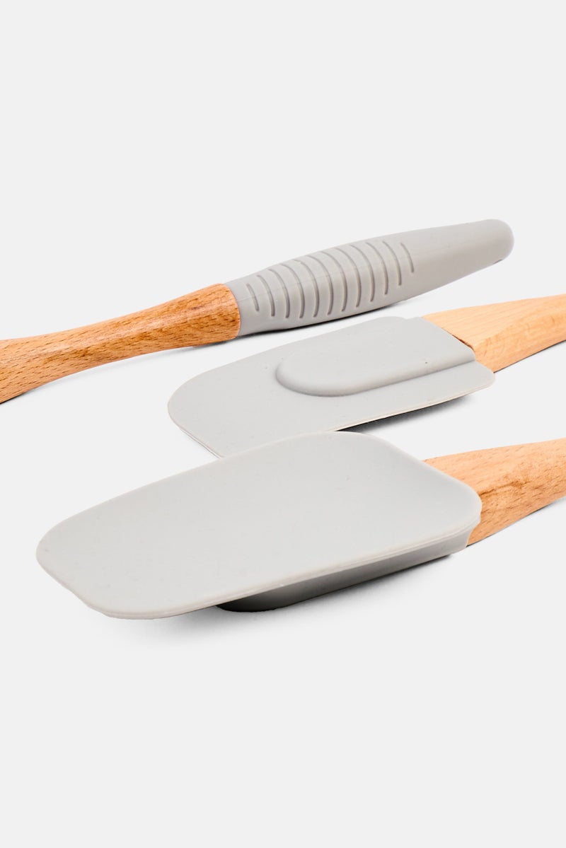 Bombay 3 Pieces Wood And Silicon Spatulas, Grey/Light Brown - Image 2