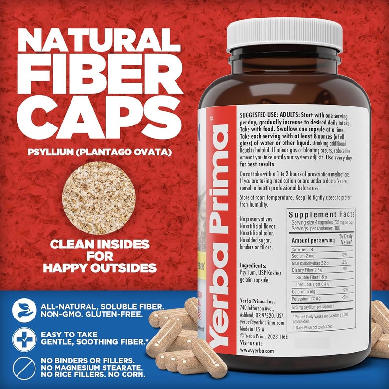 Yerba Prima Psyllium Husks Caps 625 mg 400 Capsules  Natural Fiber for Men and Women  Regularity Support Supplement - Image 2