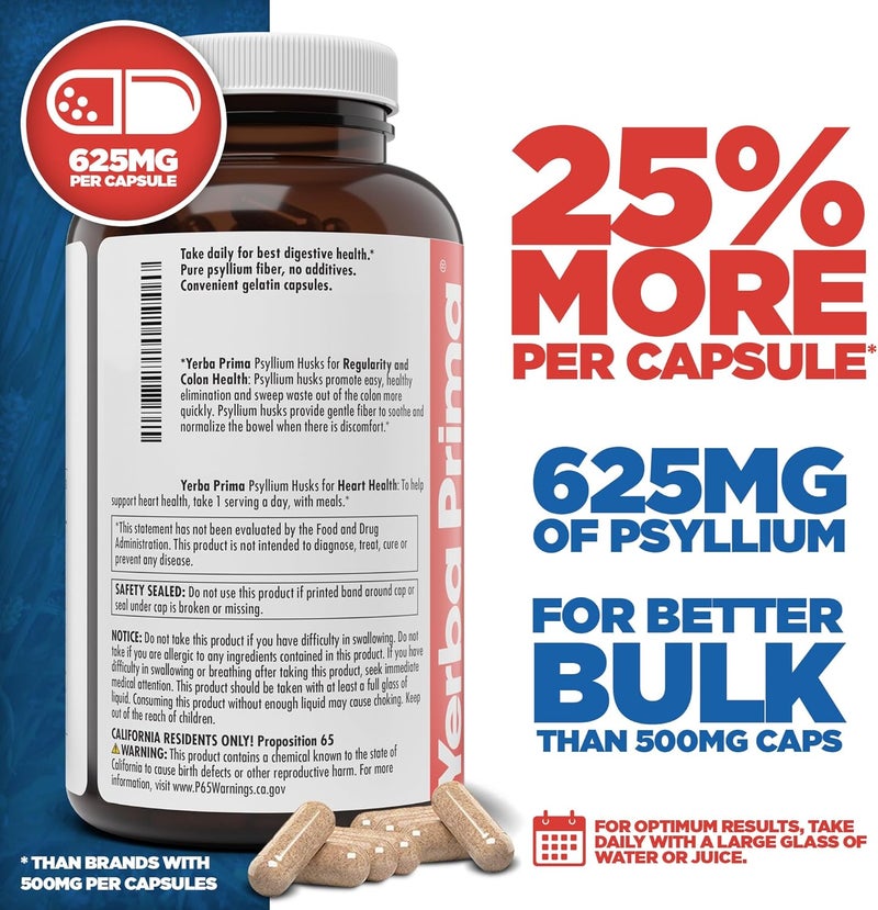 Yerba Prima Psyllium Husks Caps 625 mg 400 Capsules  Natural Fiber for Men and Women  Regularity Support Supplement - Image 3