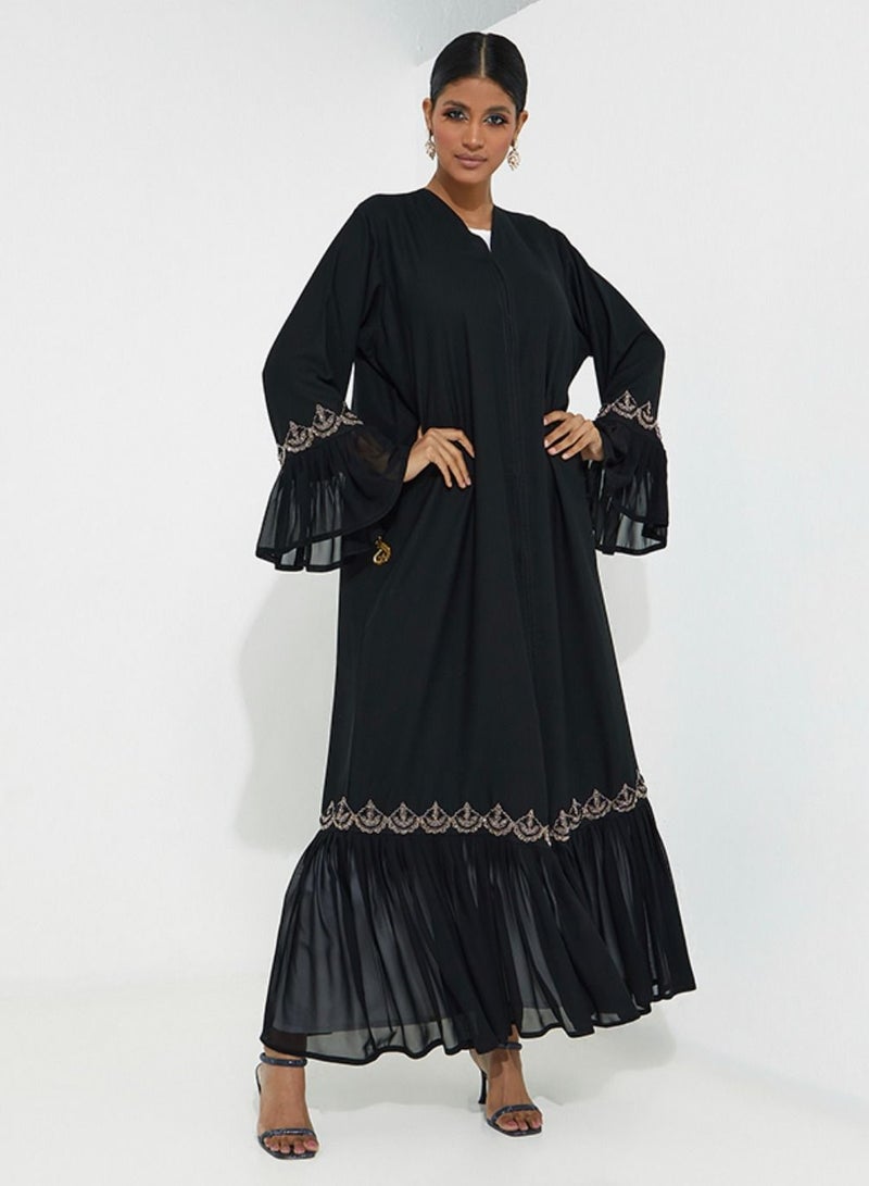 روزيت عباية عباية بتصميم شيفون مطوي مع تطريز يدوي باللون الوردي - Image 3