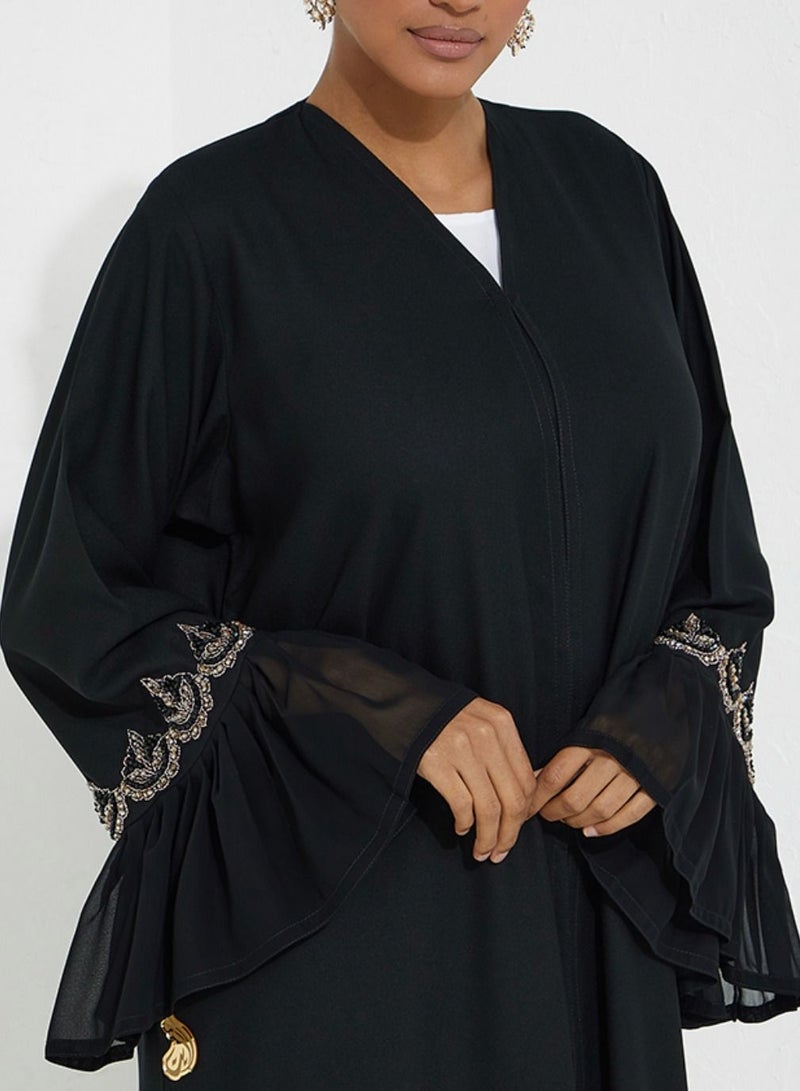 روزيت عباية عباية بتصميم شيفون مطوي مع تطريز يدوي باللون الوردي - Image 2