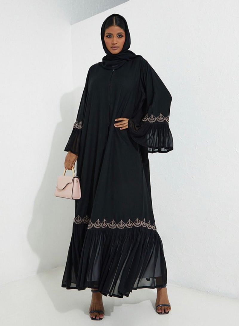 روزيت عباية عباية بتصميم شيفون مطوي مع تطريز يدوي باللون الوردي - Image 1