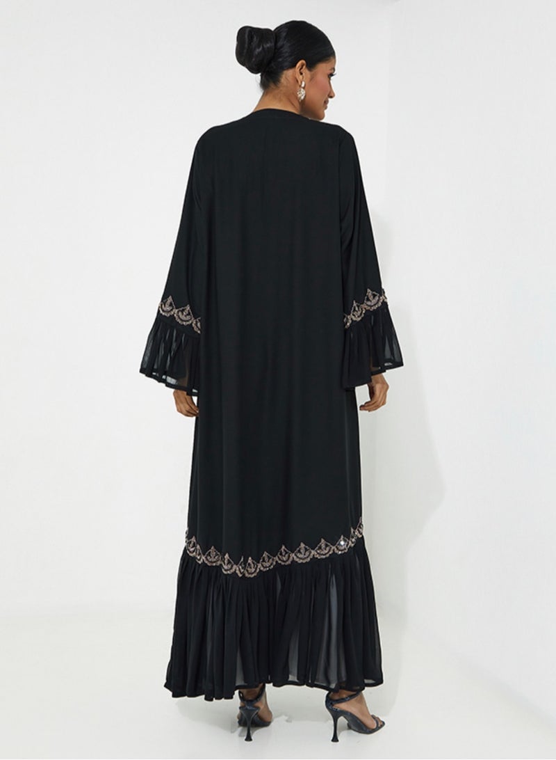 روزيت عباية عباية بتصميم شيفون مطوي مع تطريز يدوي باللون الوردي - Image 4