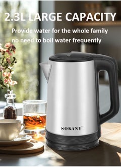 sokany Electric Kettle,2.3L Stainless Steel Electric Kettle with 360-Degree Rotation Base, Auto Safety Off, Perfect for Boiling Water, Milk & Tea, Protection from Overheating and Dry Boil  1500 W SK-09022,Silver/Black  - Image 2