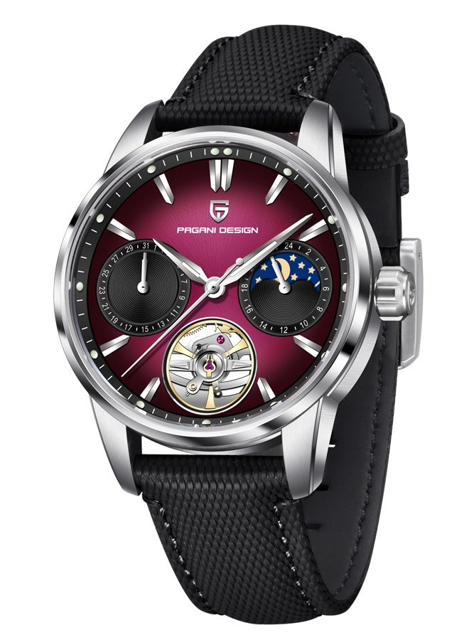 باغاني ديزاين التلقائي ساعة رجالي 41 مللي متر الجلود الفولاذ المقاوم للصدأ الأعمال ساعة معصم للرجال ، الاصطناعية الياقوت الهاتفي الزجاج ، الفضة الأرجواني - Image 1