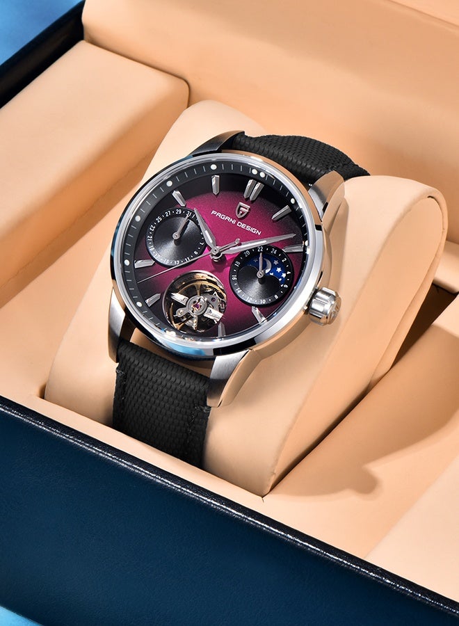 باغاني ديزاين التلقائي ساعة رجالي 41 مللي متر الجلود الفولاذ المقاوم للصدأ الأعمال ساعة معصم للرجال ، الاصطناعية الياقوت الهاتفي الزجاج ، الفضة الأرجواني - Image 3