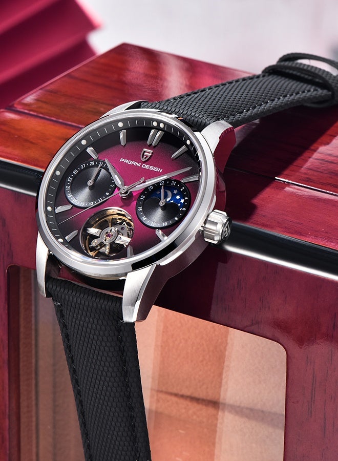 باغاني ديزاين التلقائي ساعة رجالي 41 مللي متر الجلود الفولاذ المقاوم للصدأ الأعمال ساعة معصم للرجال ، الاصطناعية الياقوت الهاتفي الزجاج ، الفضة الأرجواني - Image 4