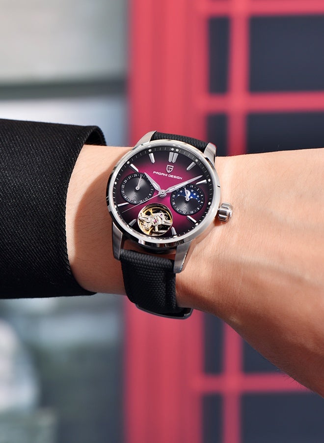 باغاني ديزاين التلقائي ساعة رجالي 41 مللي متر الجلود الفولاذ المقاوم للصدأ الأعمال ساعة معصم للرجال ، الاصطناعية الياقوت الهاتفي الزجاج ، الفضة الأرجواني - Image 2