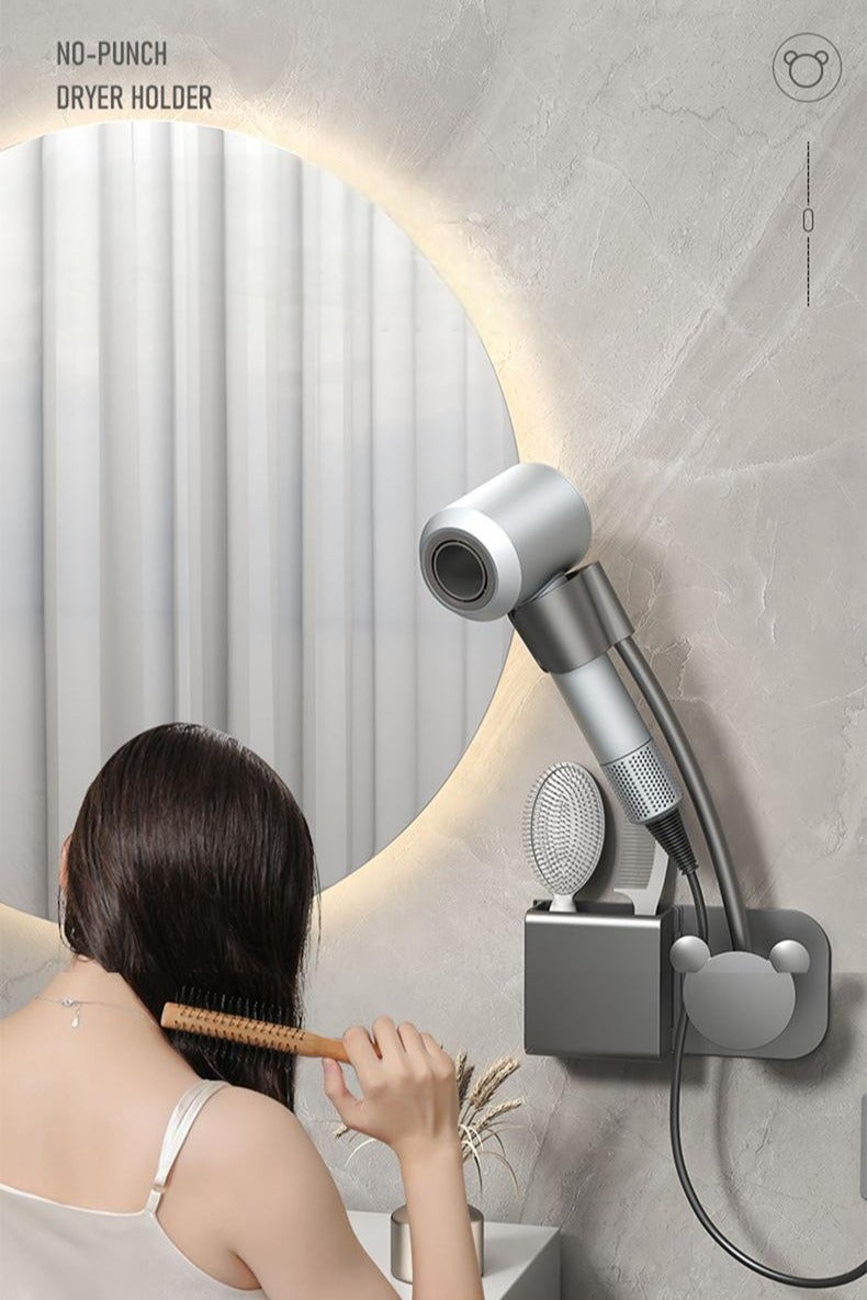 منظم أداة الشعر ، حامل مجفف الشعر بدون حفر ، رمادي - Image 1