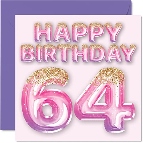 Stuff4 64th Birthday Card for Women - Pink & Purple Glitter Balloons - Happy Birthday Cards for 64 Year Old Woman Mum Nanny Grandma Gran Auntie, 145mm x 145mm Sixty-Four Sixty-Fourth Bday Greeting Cards Gift - Image 1