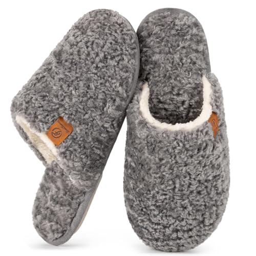 EverFoams Women's Fuzzy Slip-on Slippers Warm Cozy Soft Lightweight Memory Foam Indoor House Shoes Light Gray, 9-10 US - Image 1