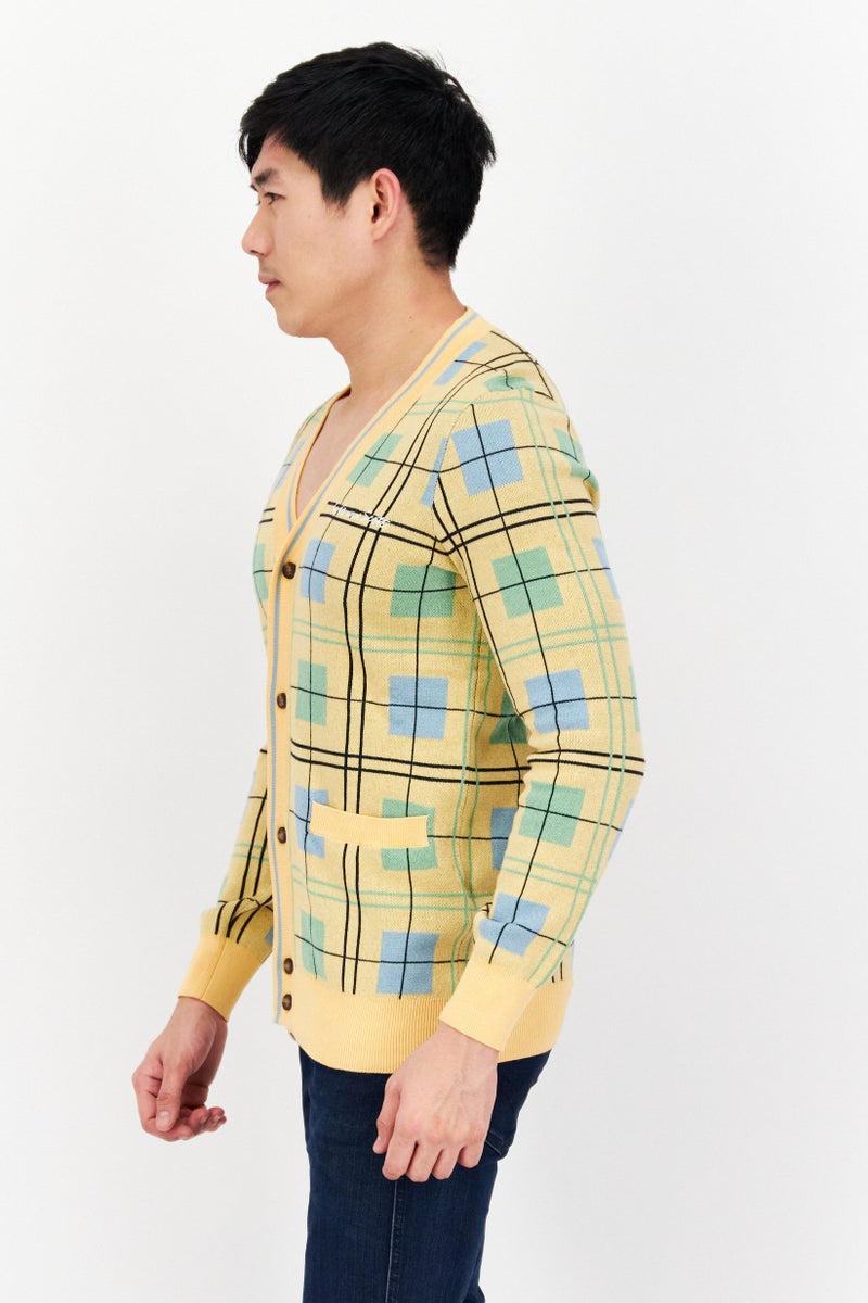 Lyle & Scott Men V-Neck Grid Pattern Cardigan, Yellow Combo  - Image 3