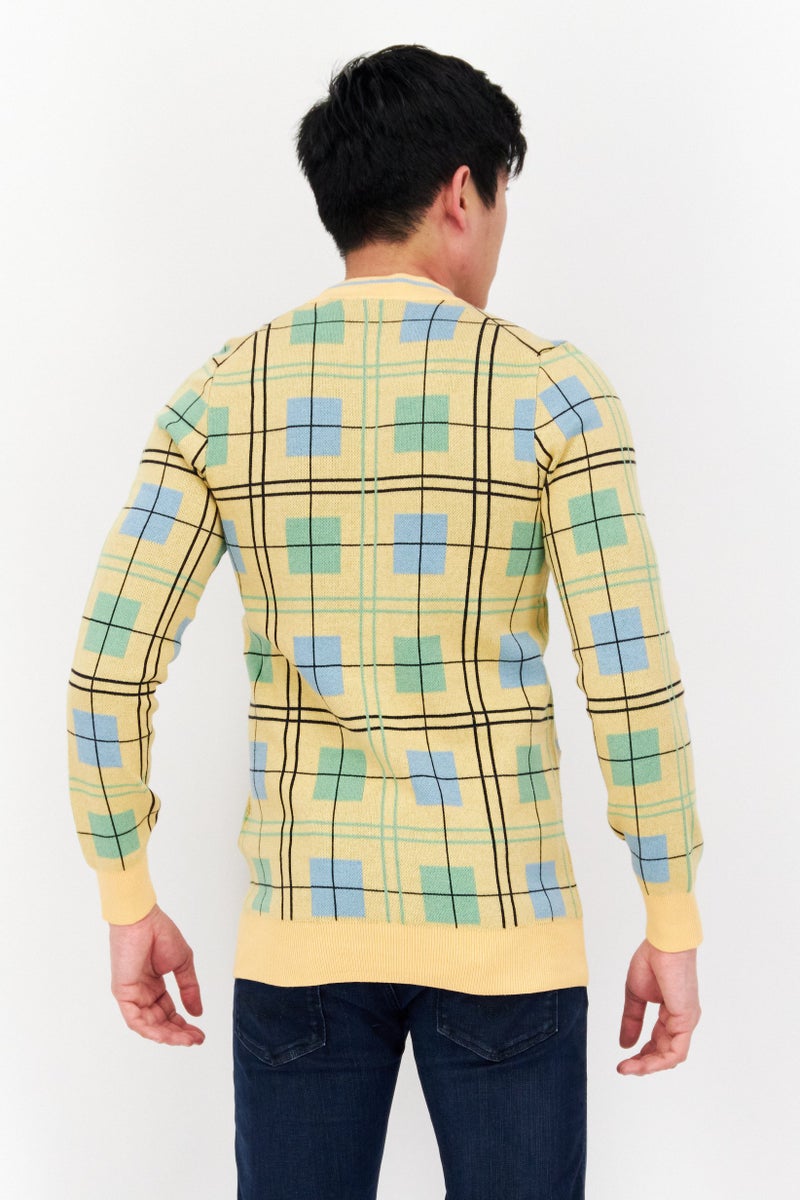 Lyle & Scott Men V-Neck Grid Pattern Cardigan, Yellow Combo  - Image 2