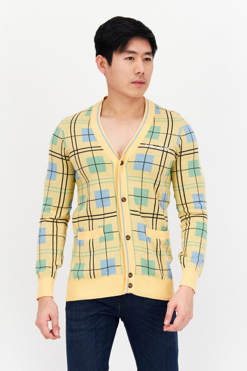 Lyle & Scott Men V-Neck Grid Pattern Cardigan, Yellow Combo  - Image 1