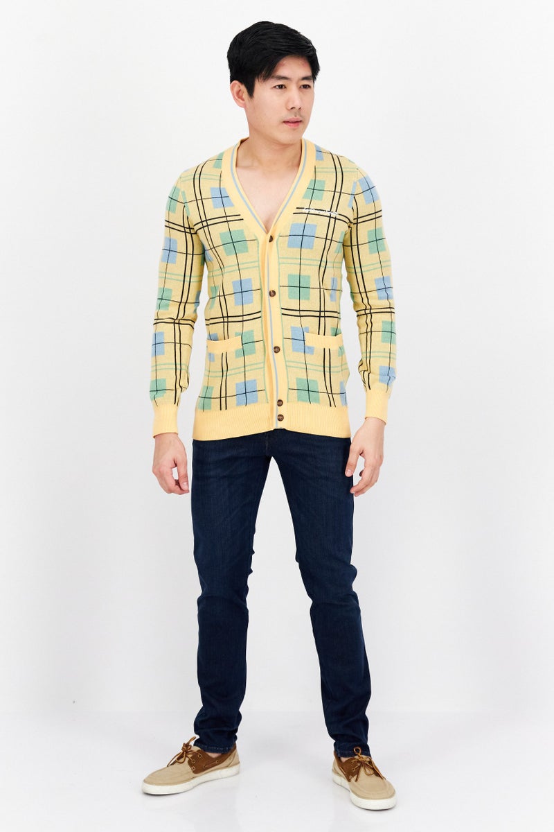 Lyle & Scott Men V-Neck Grid Pattern Cardigan, Yellow Combo  - Image 4