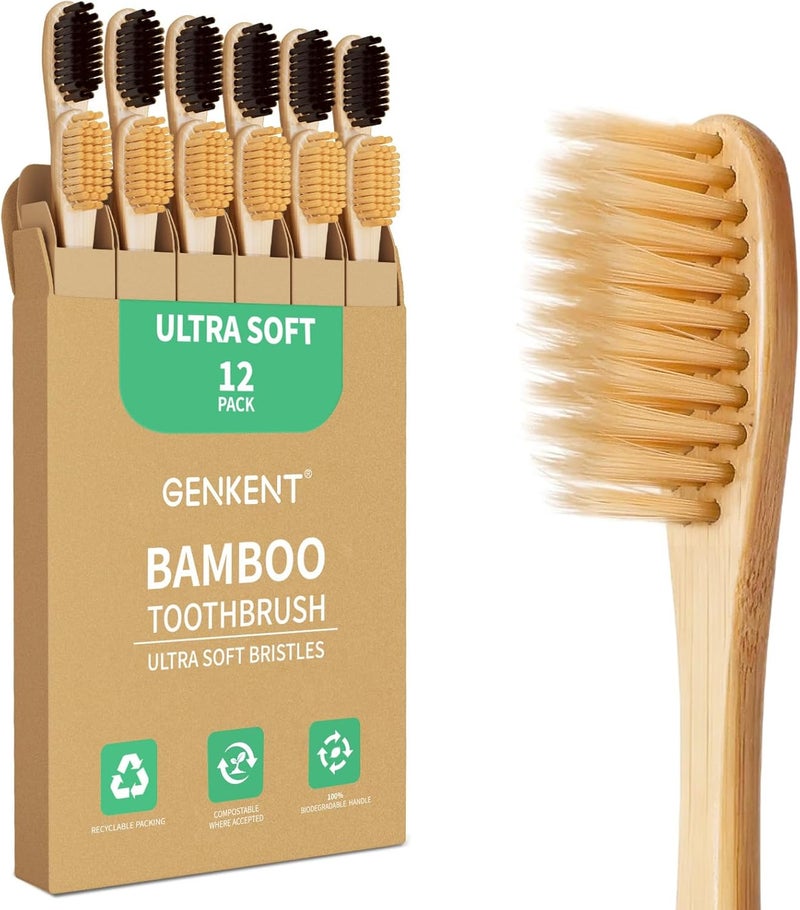genkent 12 Counts Ultra Soft Bamboo Toothbrushes, Eco Friendly Natural Toothbrushes for Sensitive Gums, BPA Free Soft Bristles for Adults & Kids - Image 1