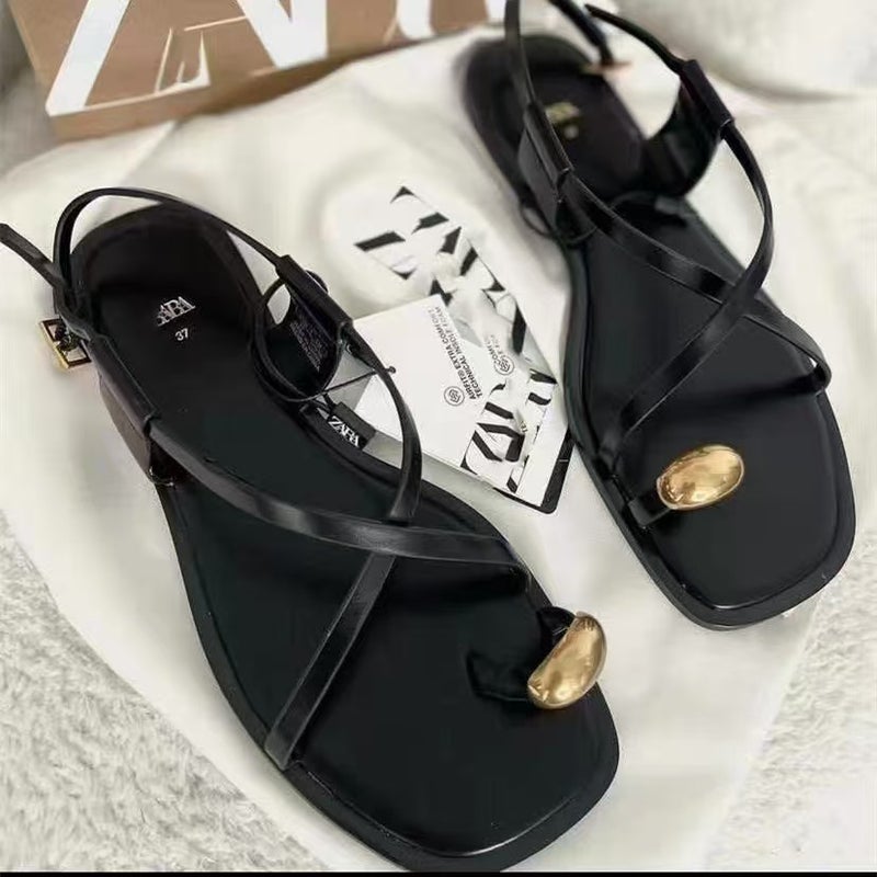 Cross-border Independent Station New ZA Thong Flat Sandals Cross Strap Buckle Design Womens Shoes womenshoes Black bk - Image 5