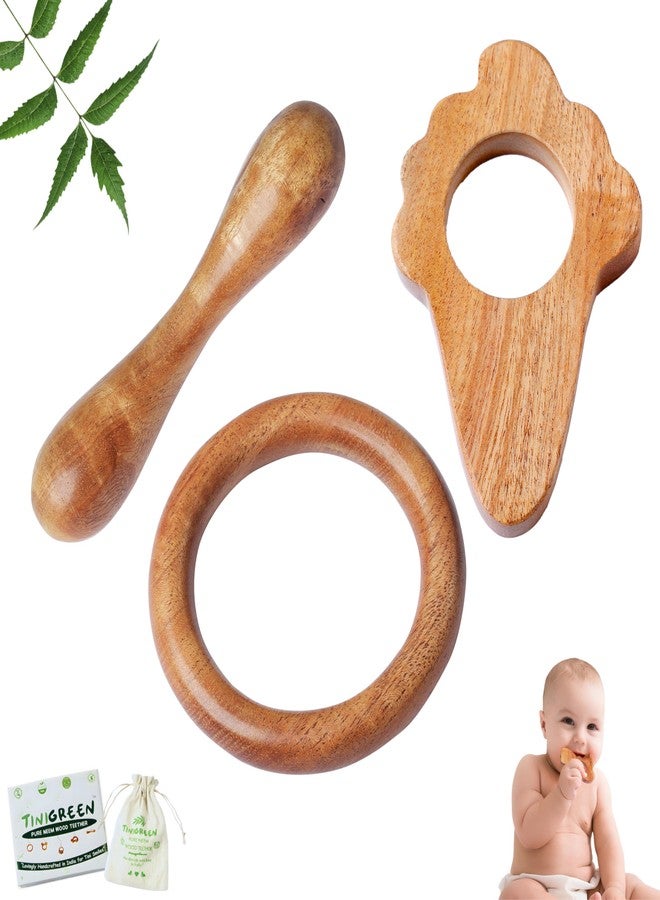 Tinigreen Ice Cream Ring Dumbbell Shaped Neem Wooden Teethers for 6 to 12 Months Infant Baby (Pack of 3) - Image 1