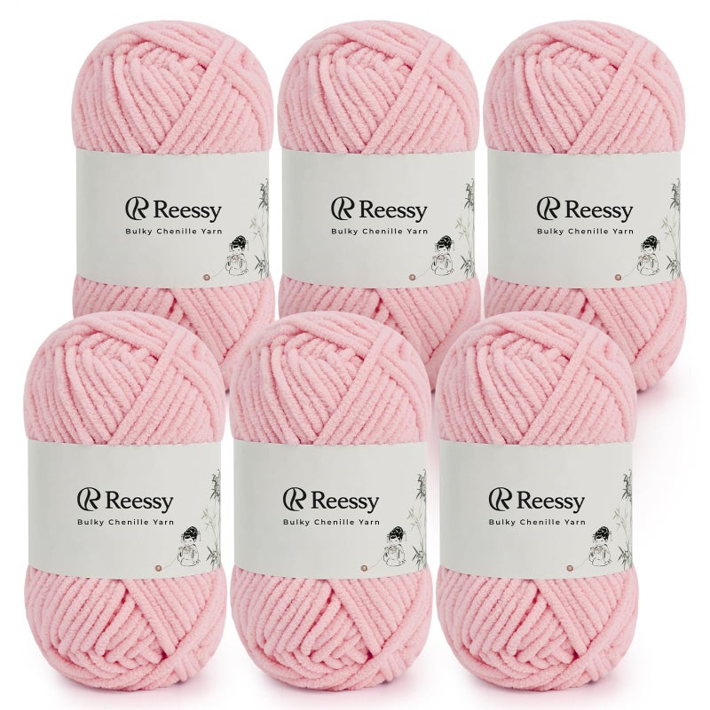 Reessy Bulky Chenille Yarn for Crocheting â€“ 6 Pack of 50g/1.76oz Skeins, Pure Polyester, CYC #5 Bulky Weight â€“ Ultra Soft Chenille Yarn Pack for Crafting Plush Toys, Blankets, Scarves(Blossom Pink) - Image 1