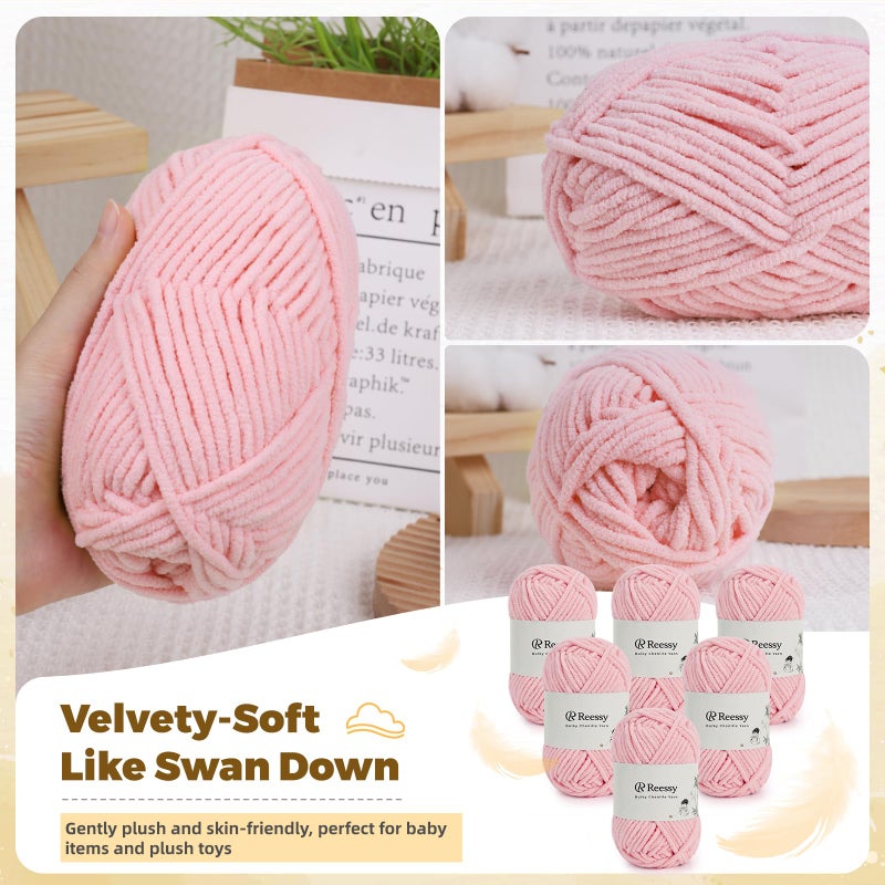 Reessy Bulky Chenille Yarn for Crocheting â€“ 6 Pack of 50g/1.76oz Skeins, Pure Polyester, CYC #5 Bulky Weight â€“ Ultra Soft Chenille Yarn Pack for Crafting Plush Toys, Blankets, Scarves(Blossom Pink) - Image 2