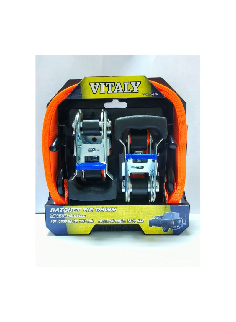 Vitaly Ratchet Tie Down 2X 10FT(3m) x 25mm Straps with Metal S-Hooks Heavy Duty Tow Rope for Cargo Bundling, Car Trailer, Motorcycle and Luggage - Image 1