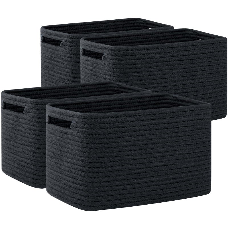OIAHOMY 4 Pack Storage Baskets for Organizing, Cube Storage Bins for Shelves, Rectangle Storage Baskets With Handles, Woven Baskets for Storage, 16''Lx12''Wx8''H, Black - Image 1