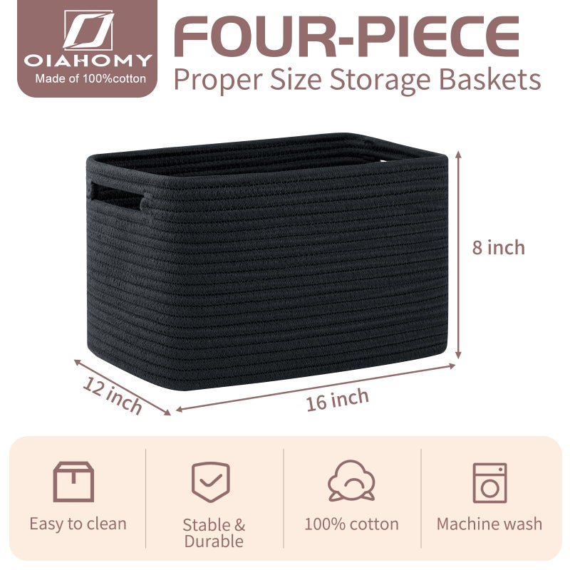 OIAHOMY 4 Pack Storage Baskets for Organizing, Cube Storage Bins for Shelves, Rectangle Storage Baskets With Handles, Woven Baskets for Storage, 16''Lx12''Wx8''H, Black - Image 2