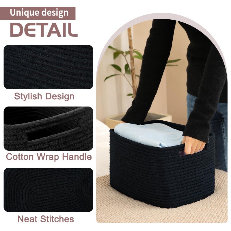 OIAHOMY 4 Pack Storage Baskets for Organizing, Cube Storage Bins for Shelves, Rectangle Storage Baskets With Handles, Woven Baskets for Storage, 16''Lx12''Wx8''H, Black - Image 3