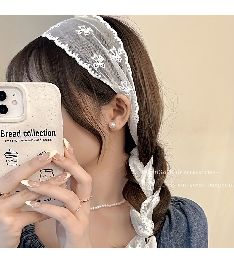 Bow Tie Elegant Lace Headband Long Streamer Hair Tie - Image 3