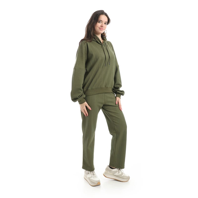 Andora Self Patteren Hooded Sweatshirt With Regualr Fit Pants Olive Training Suit-Olive - Image 2